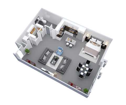 Studio 1 Bath 930 square feet floor plan The Kodak 3d furnished